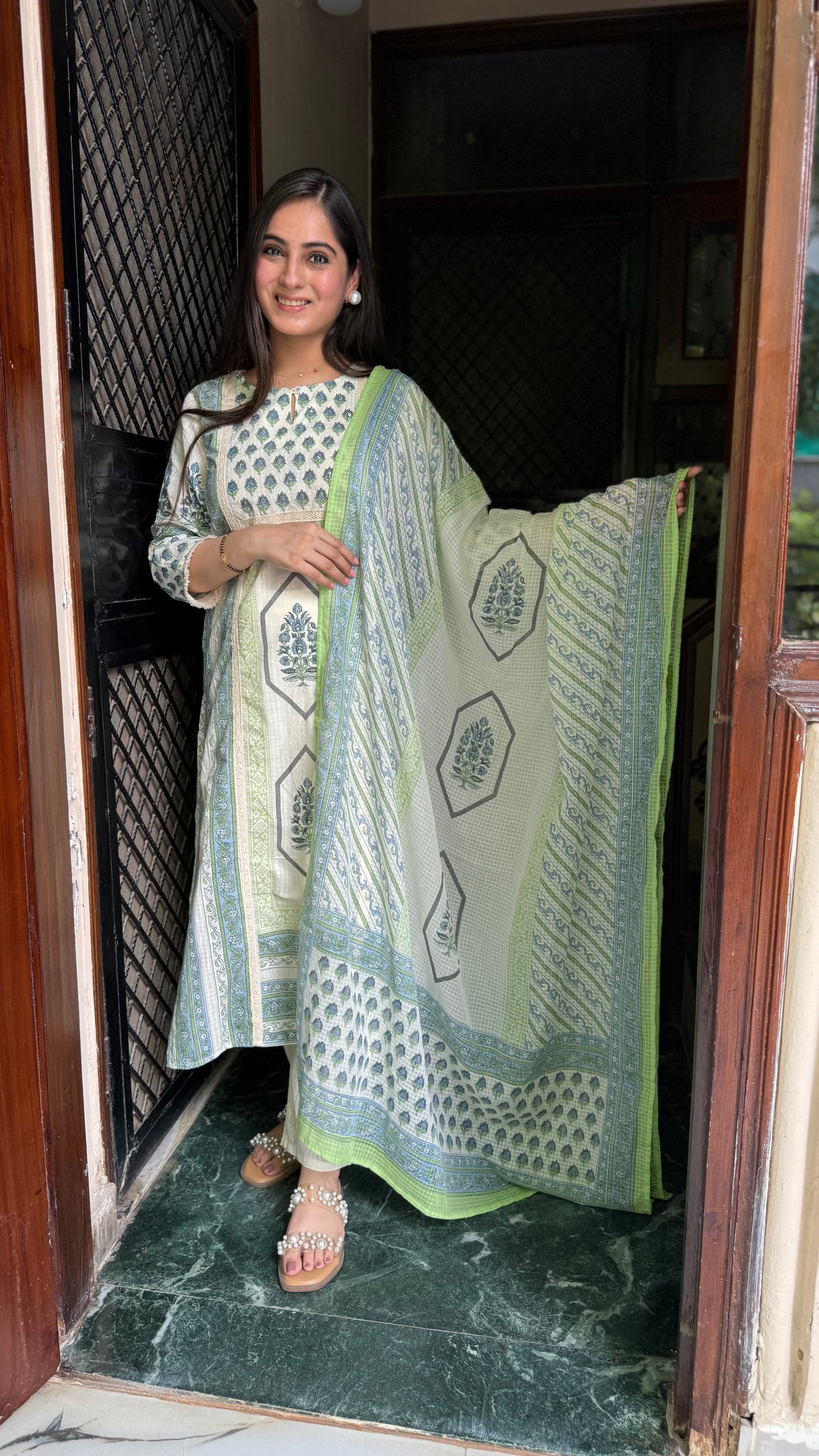 Meena Cream Blue Cotton Suit