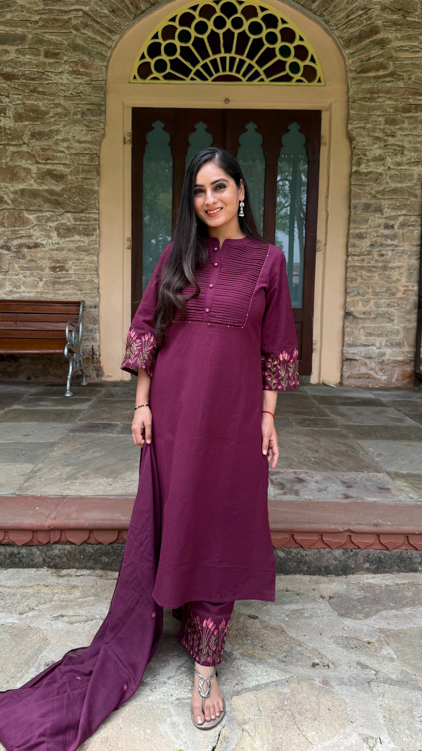 Meher Wine Pintuck Suit