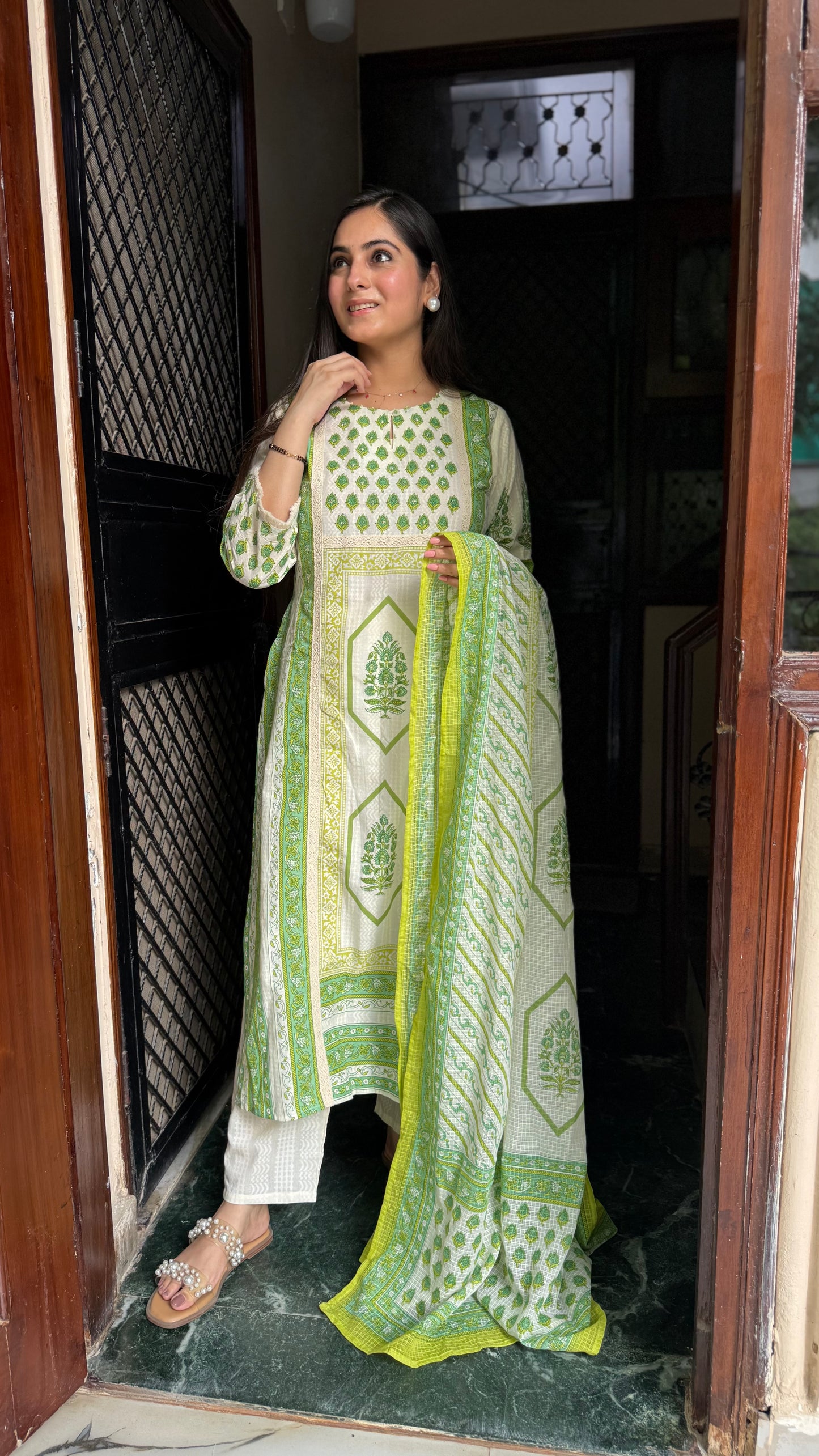 Meena Cream Green Cotton Suit