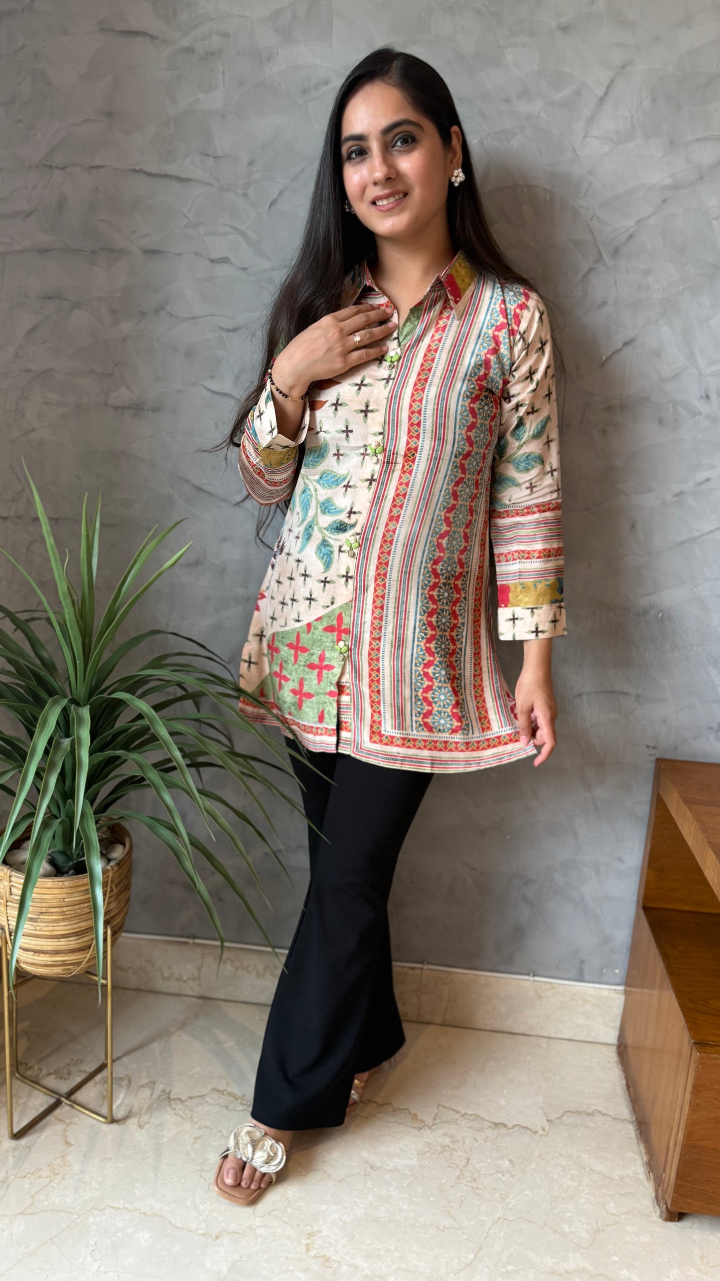 Beige Multi-Print Long Top