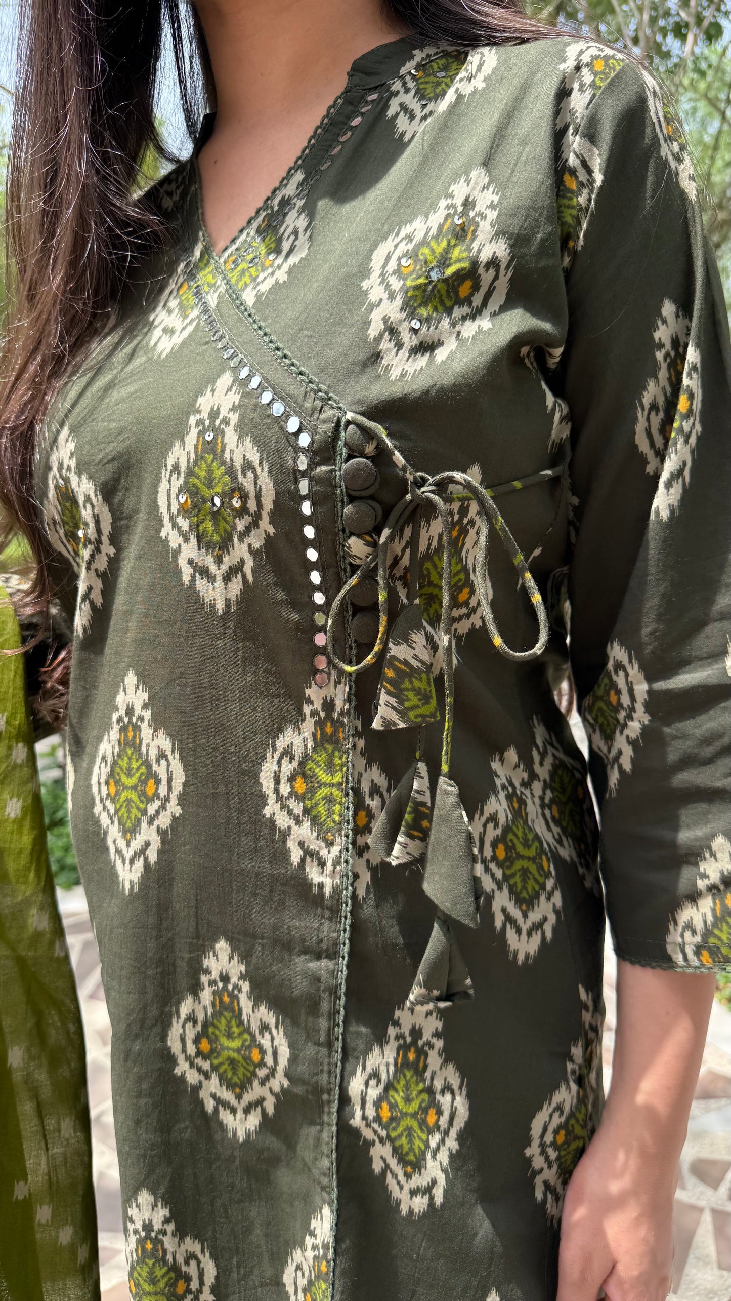 Ikkat Green Wrap-Style Suit Set