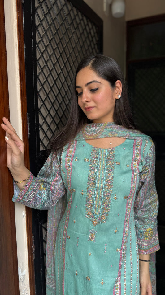Anju Pastel Green Embroidered Suit