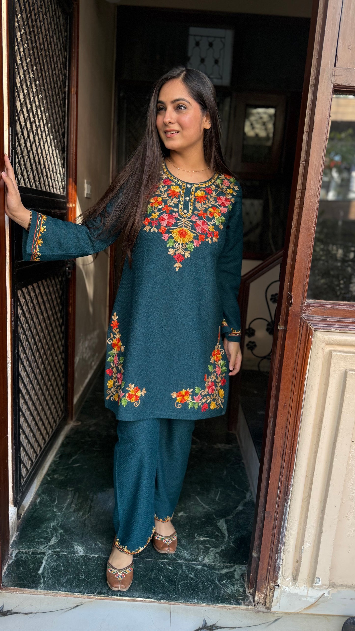 Ritu Teal Green Woollen Embroidered Coord Set