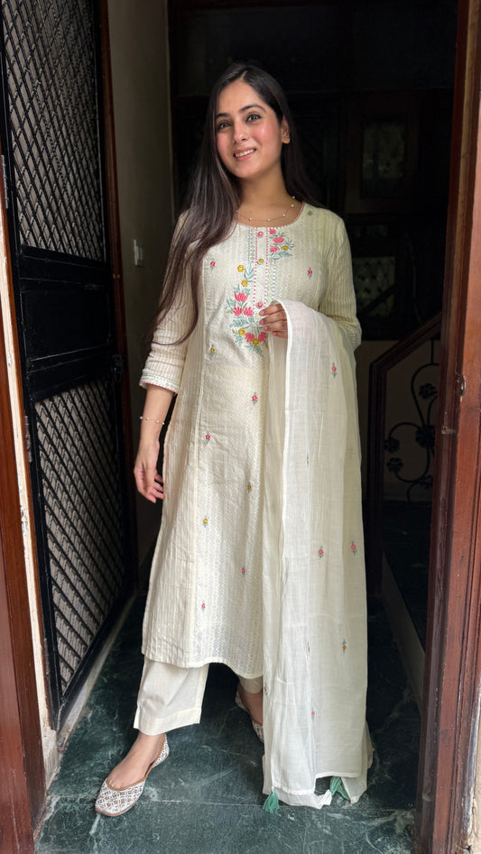 Ruhi Cream Schiffli Suit