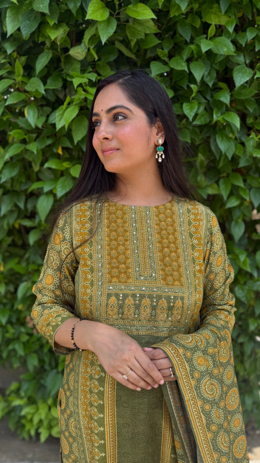 Olivia Olive Ethnic Print Suit