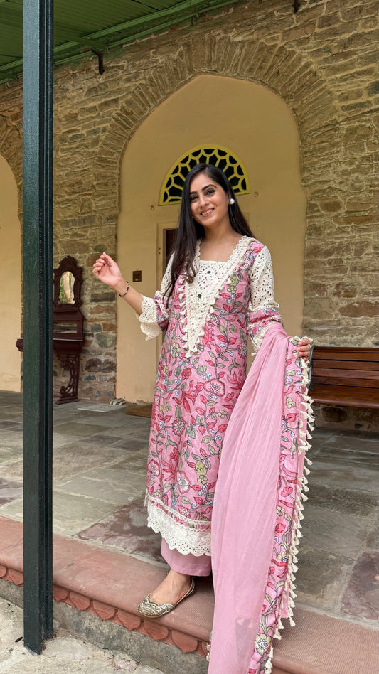 Pink Kalamkari Lace Suit Set