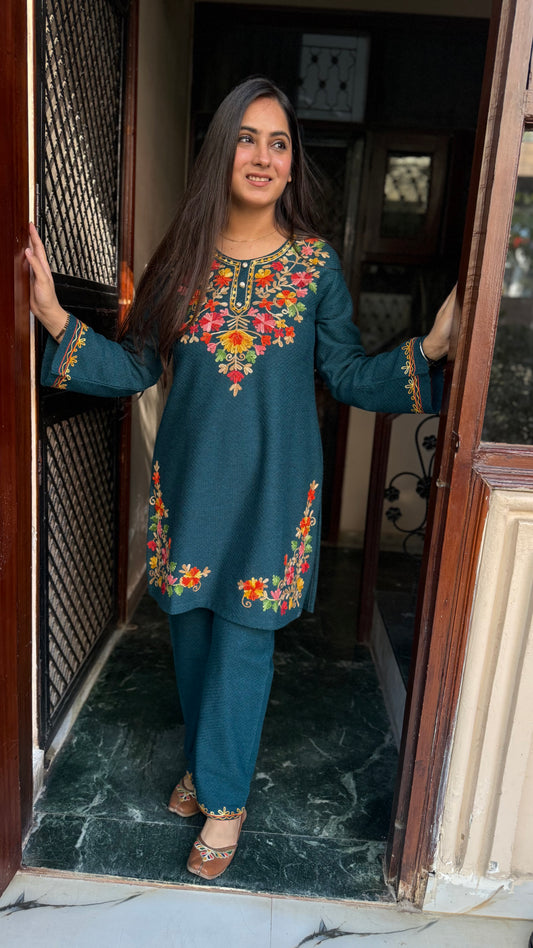 Ritu Teal Green Woollen Embroidered Coord Set