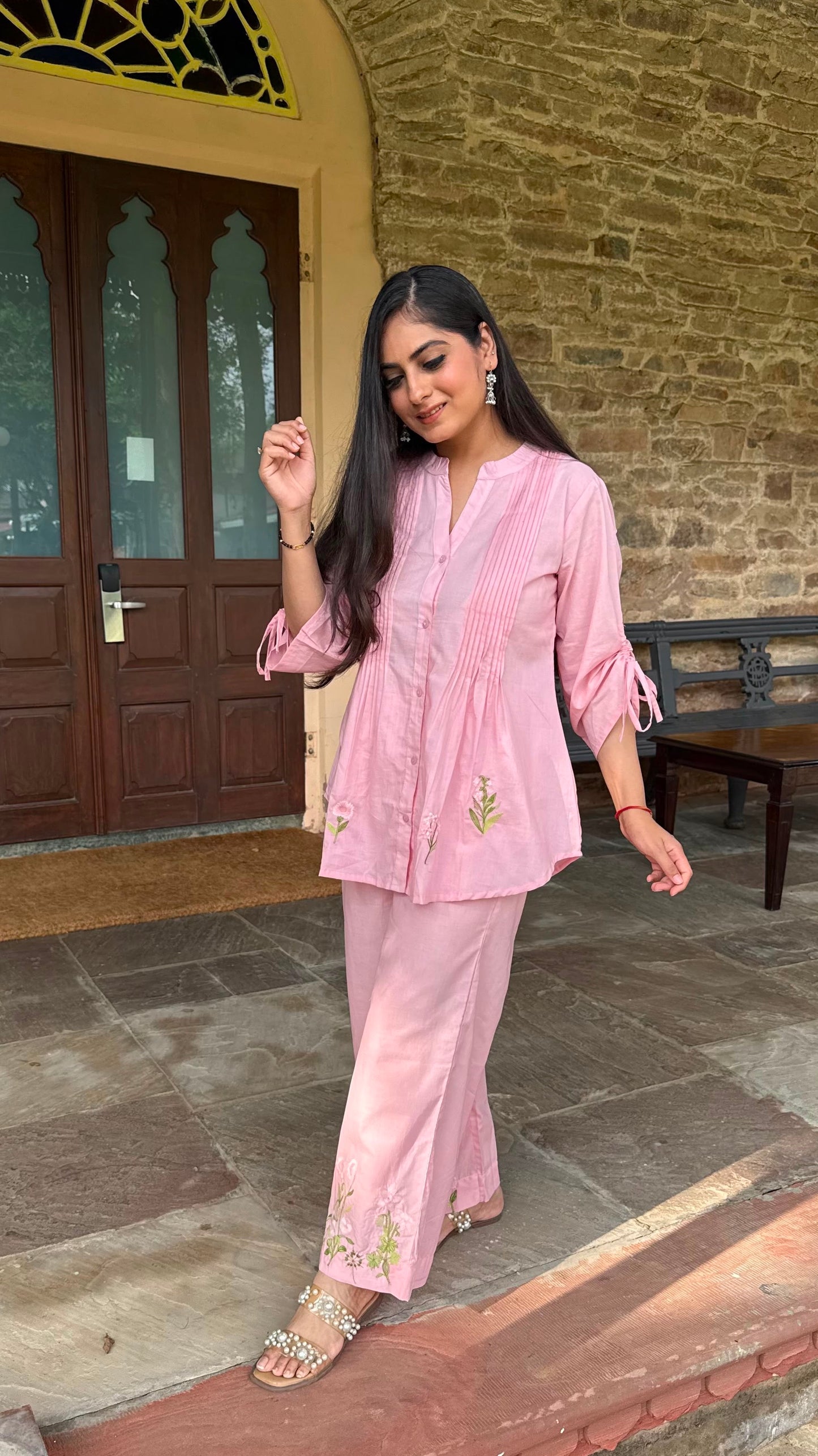 Pink Pintuck Embroidered Co-ord Set