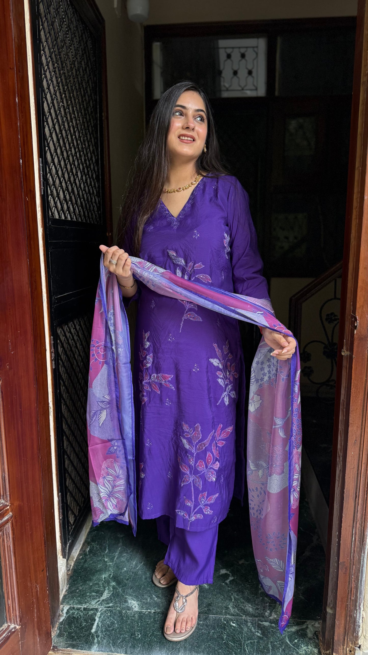 Meera Purple Mul Chanderi Suit