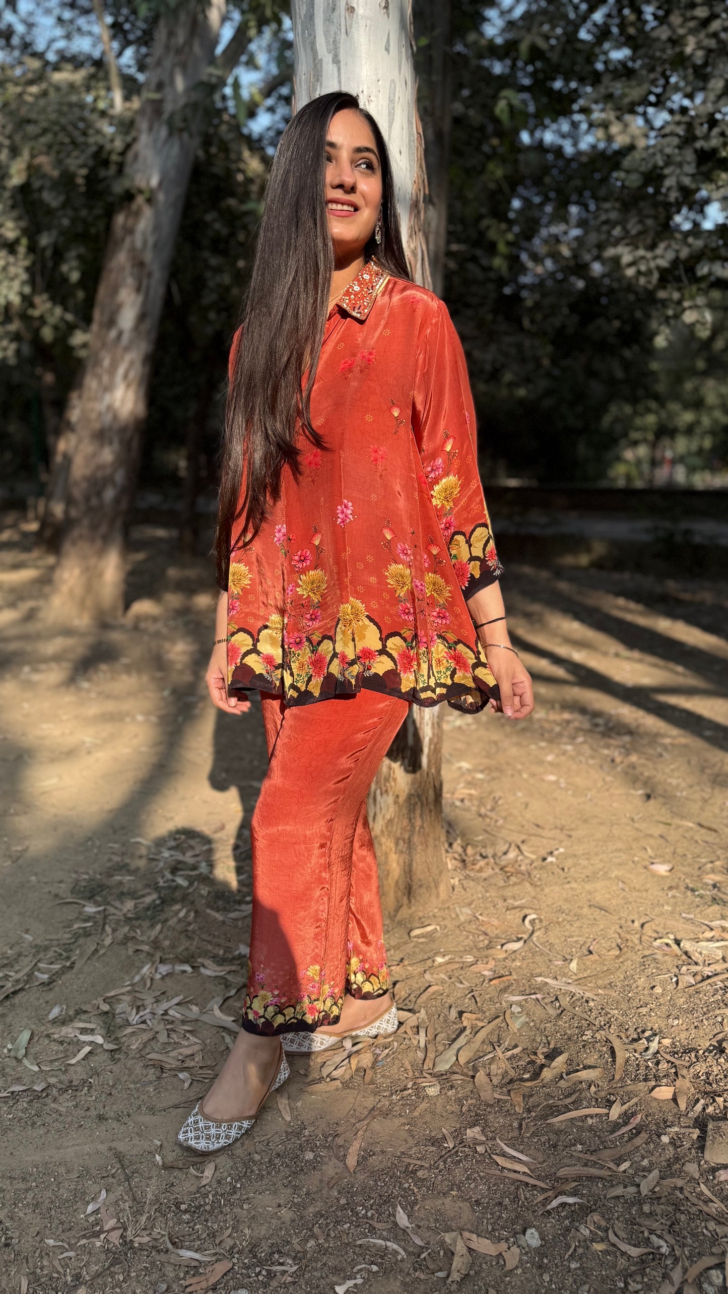 Alisha Brick Orange Flared Coord Set
