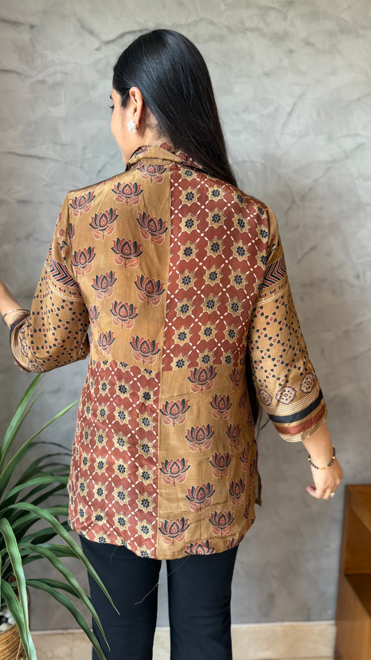 Brown Floral Printed Button-Down Top