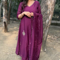 Isha Wine Mul Chanderi A-Line Suit