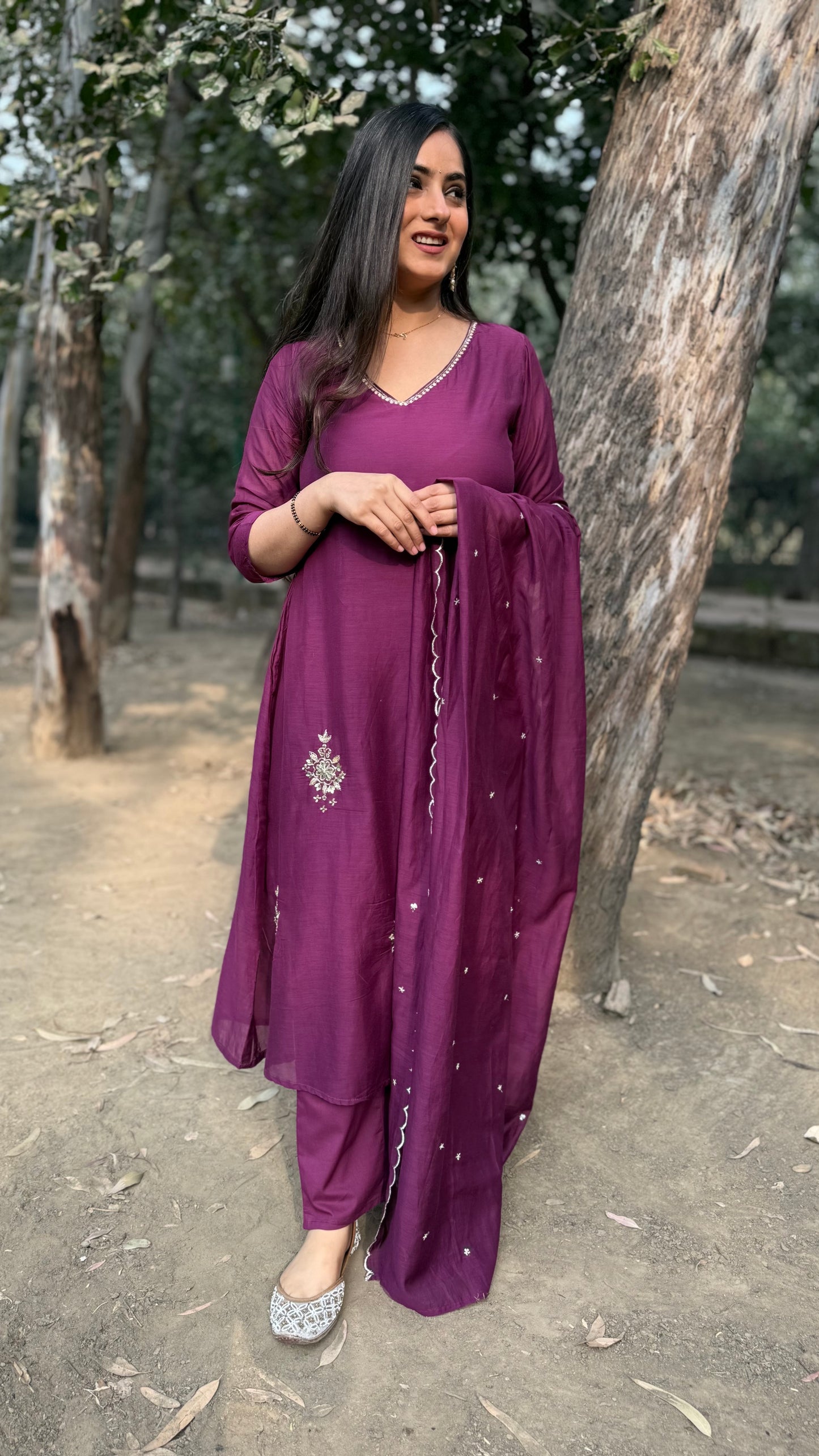 Isha Wine Mul Chanderi A-Line Suit