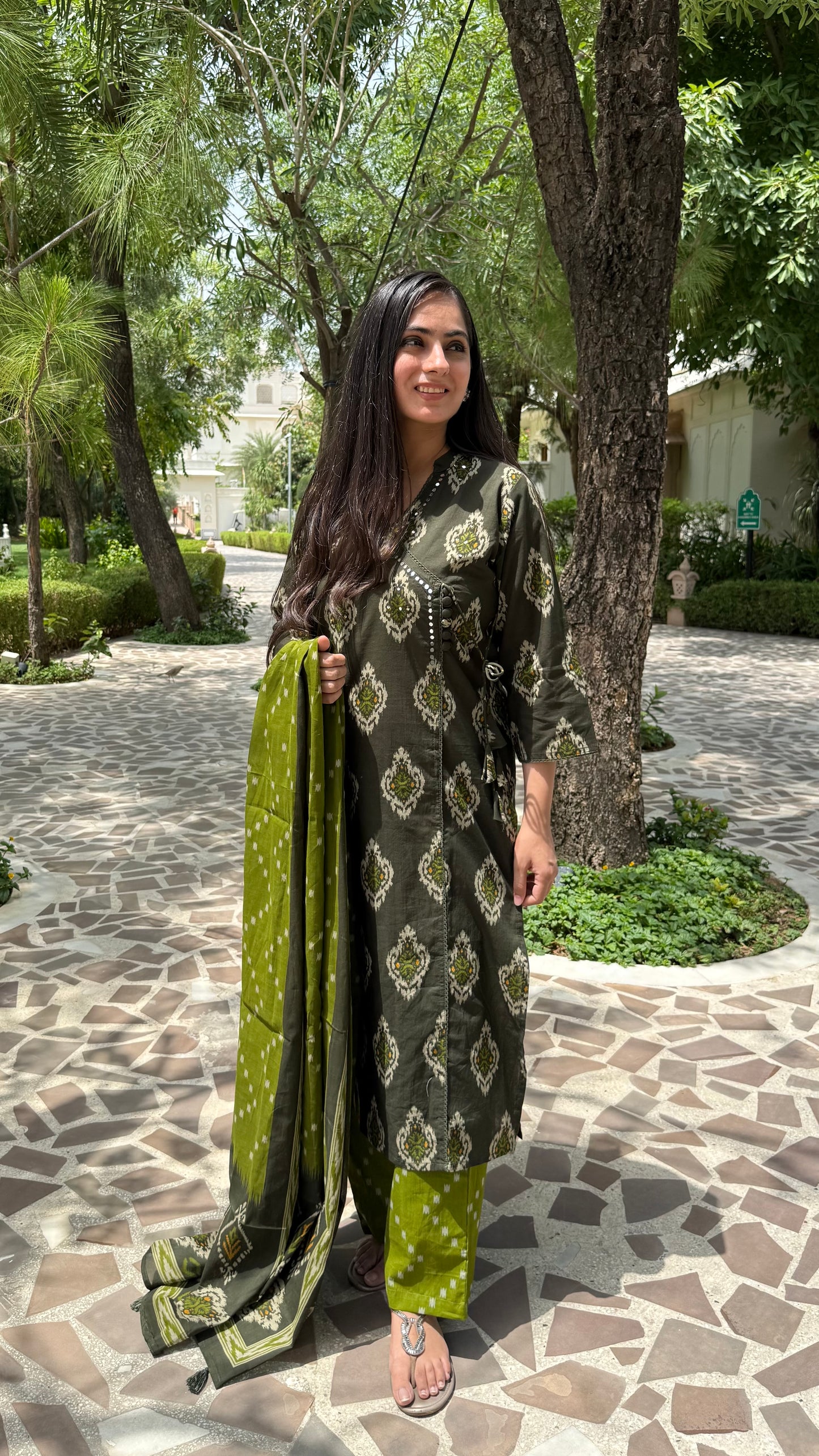 Ikkat Green Wrap-Style Suit Set