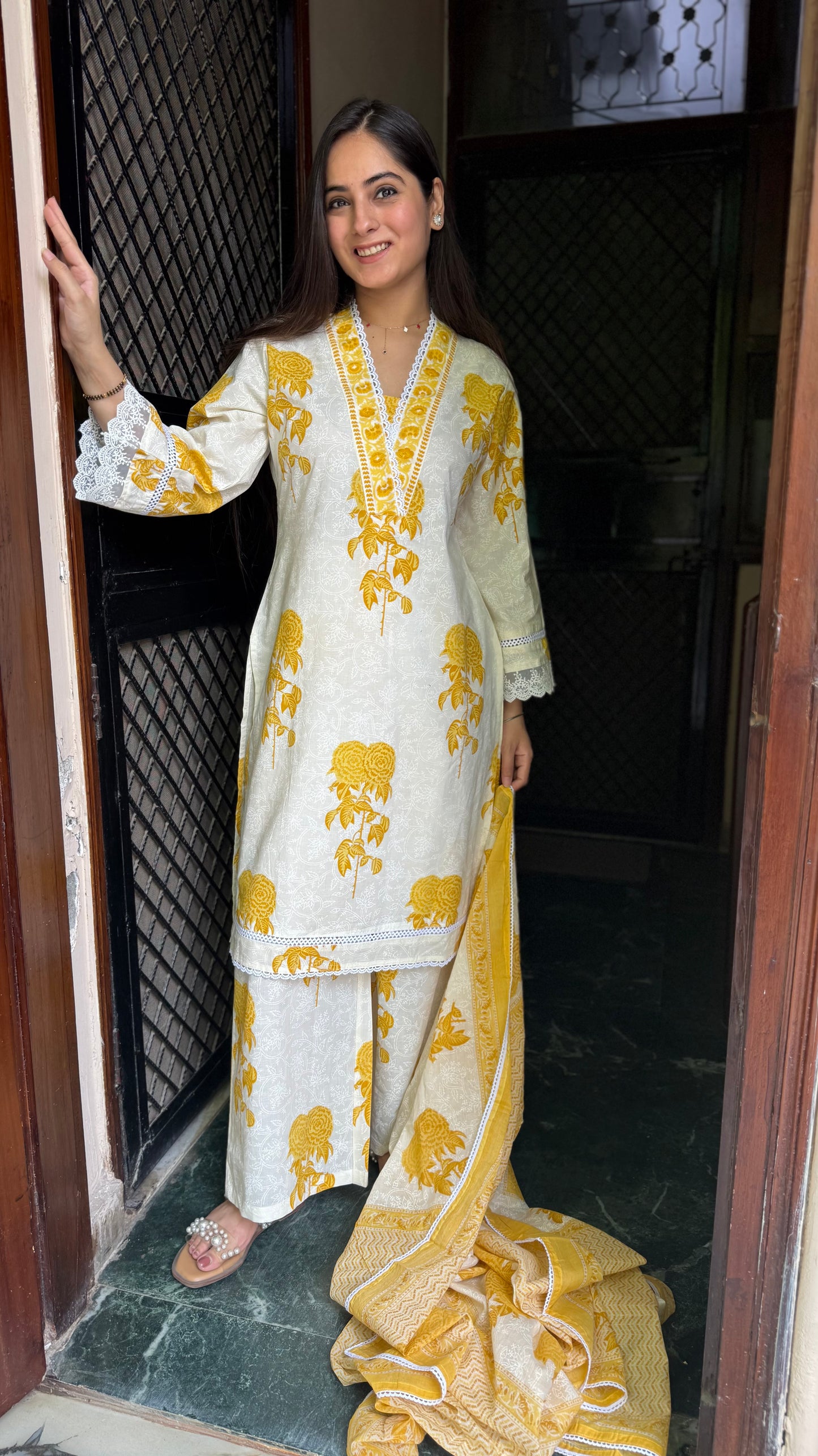 Ruhi Cream Mustard Lace Suit