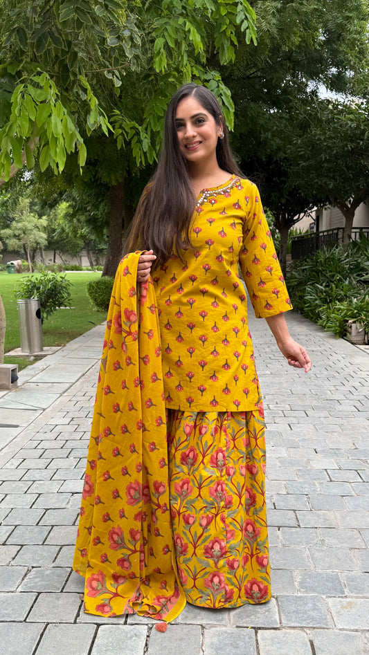 Manya Mustard Floral Sharara Suit
