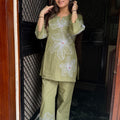 Naina Olive Green Embroidered Coord Set