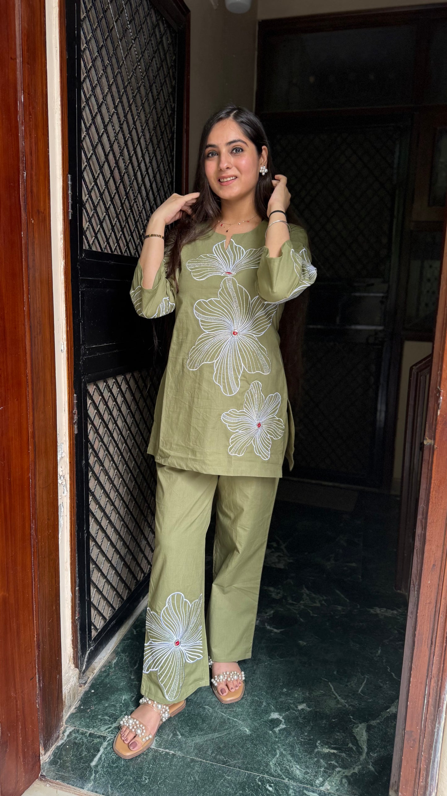 Naina Olive Green Embroidered Coord Set