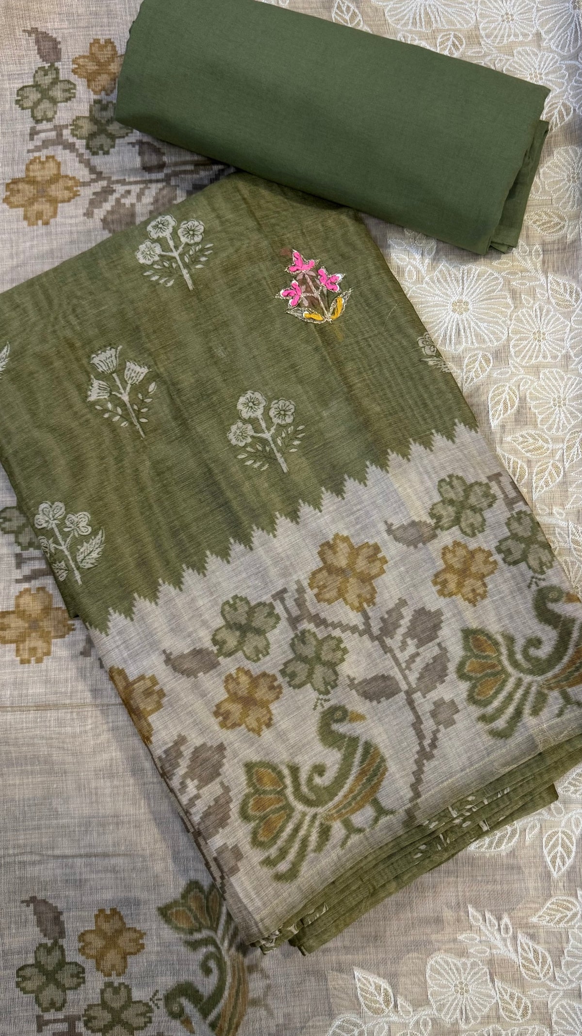 Inaya Olive Green Ikkat Unstitched Suit
