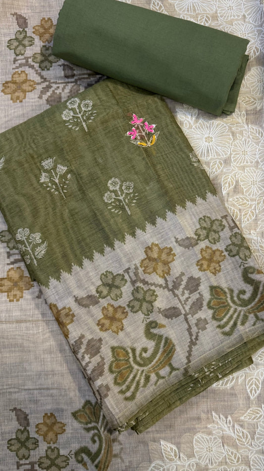 Inaya Olive Green Ikkat Unstitched Suit