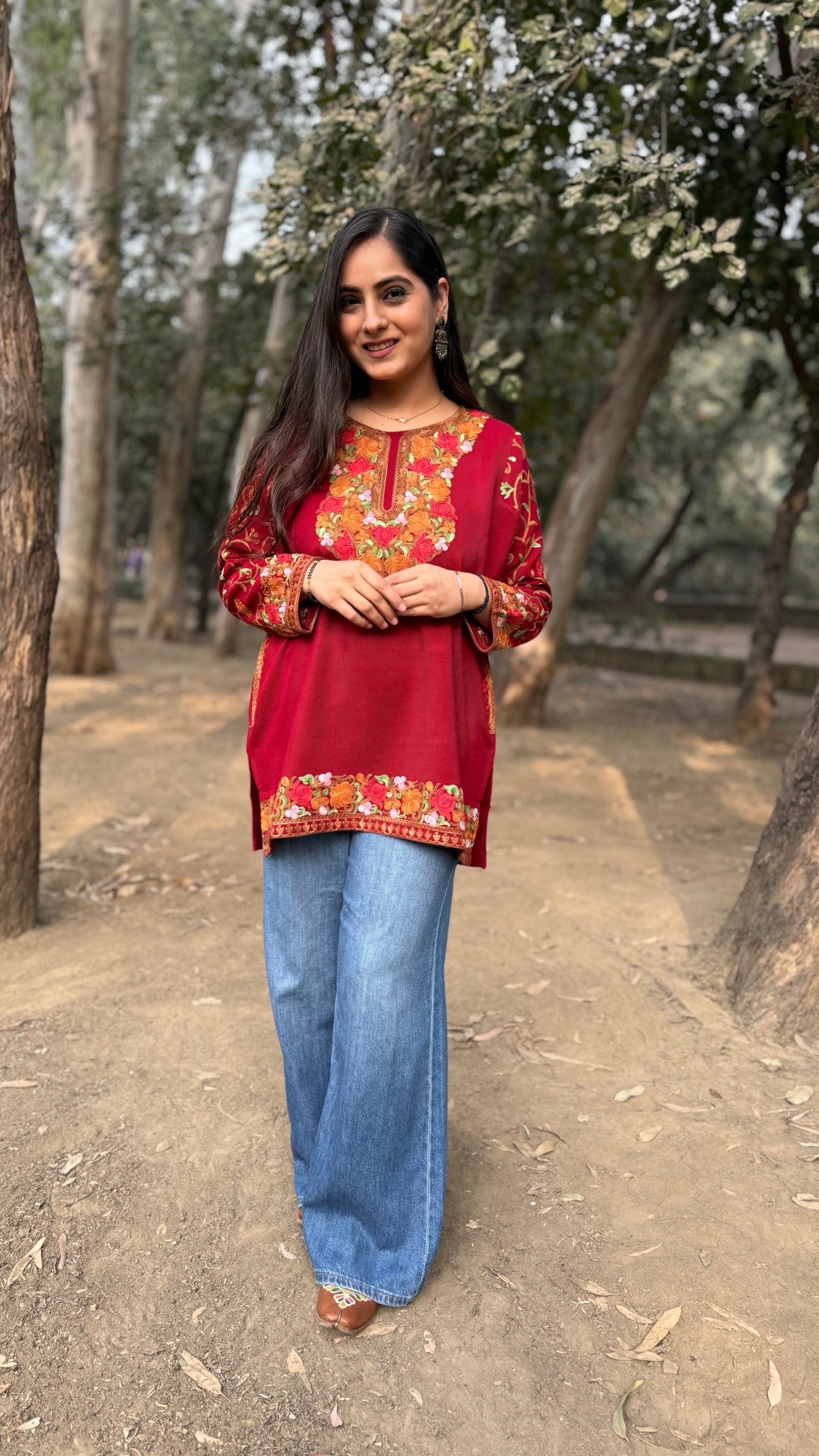 Ayesha Cherry Red Phiran Embroidered Top