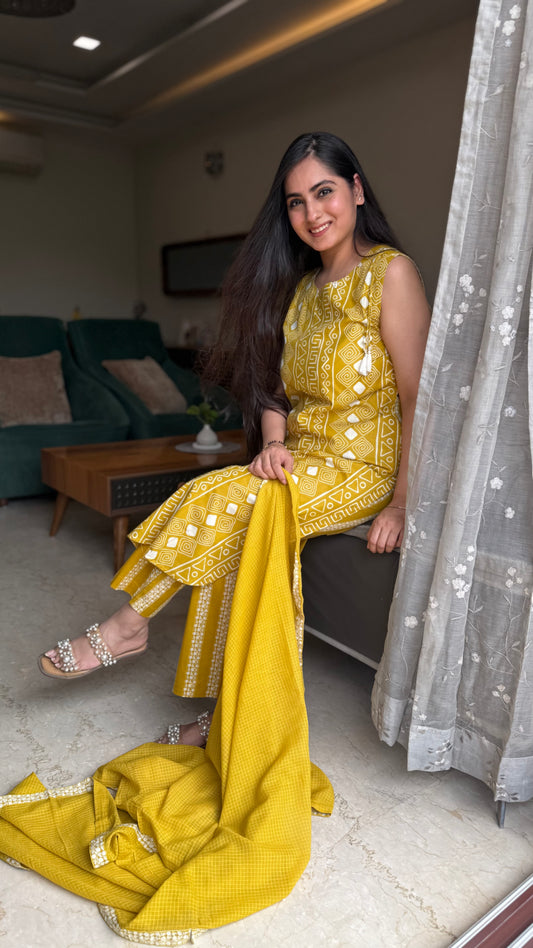 Shagun Mustard Sleeveless Cotton Suit