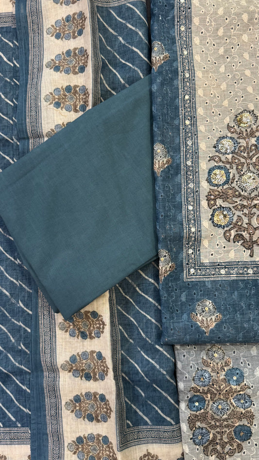 Zara Teal Schiffli Unstitched Suit