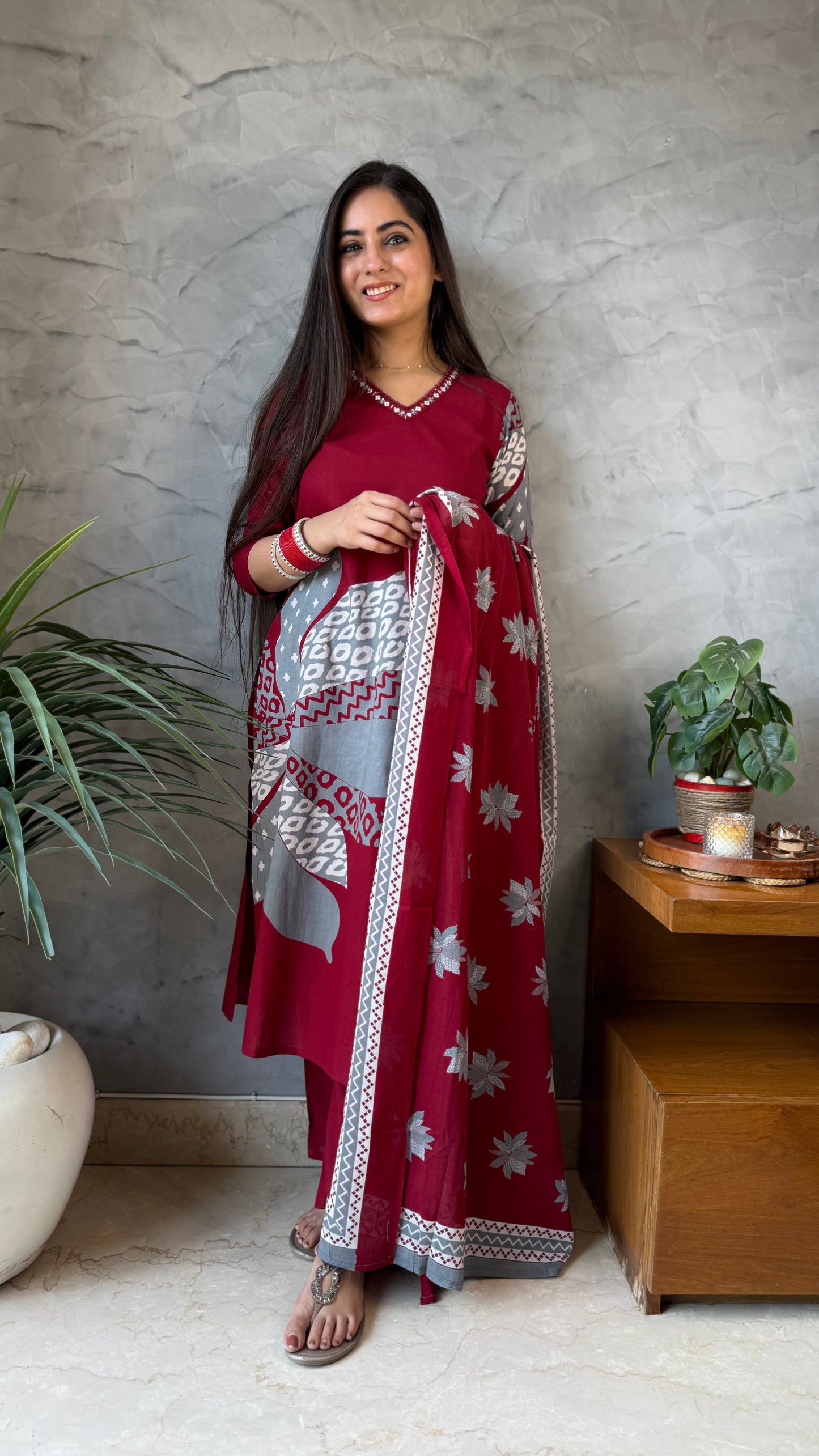 Archana Maroon Grey Printed Suit