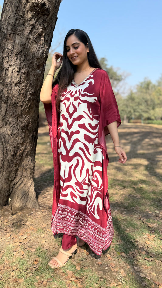 Rehmat Maroon Muslin Kaftan Set