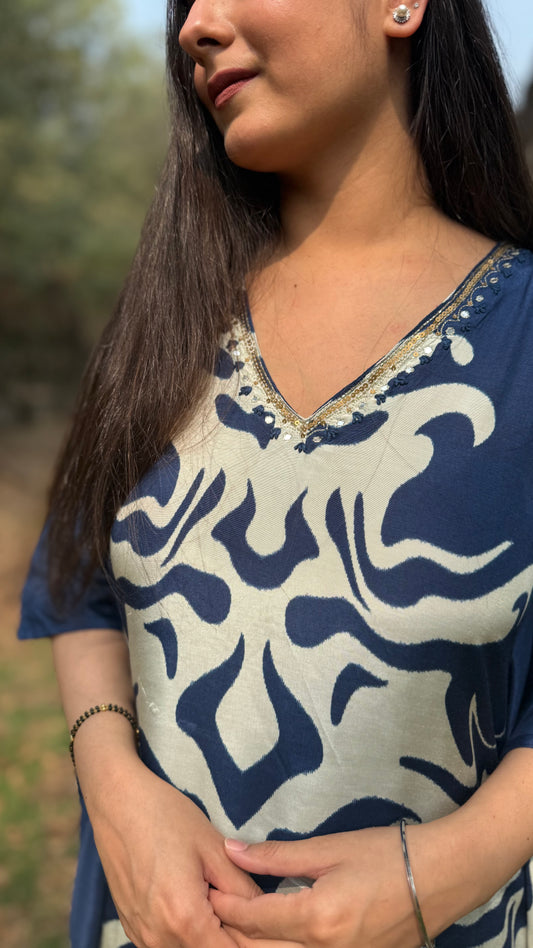 Rehmat Blue Muslin Kaftan Set