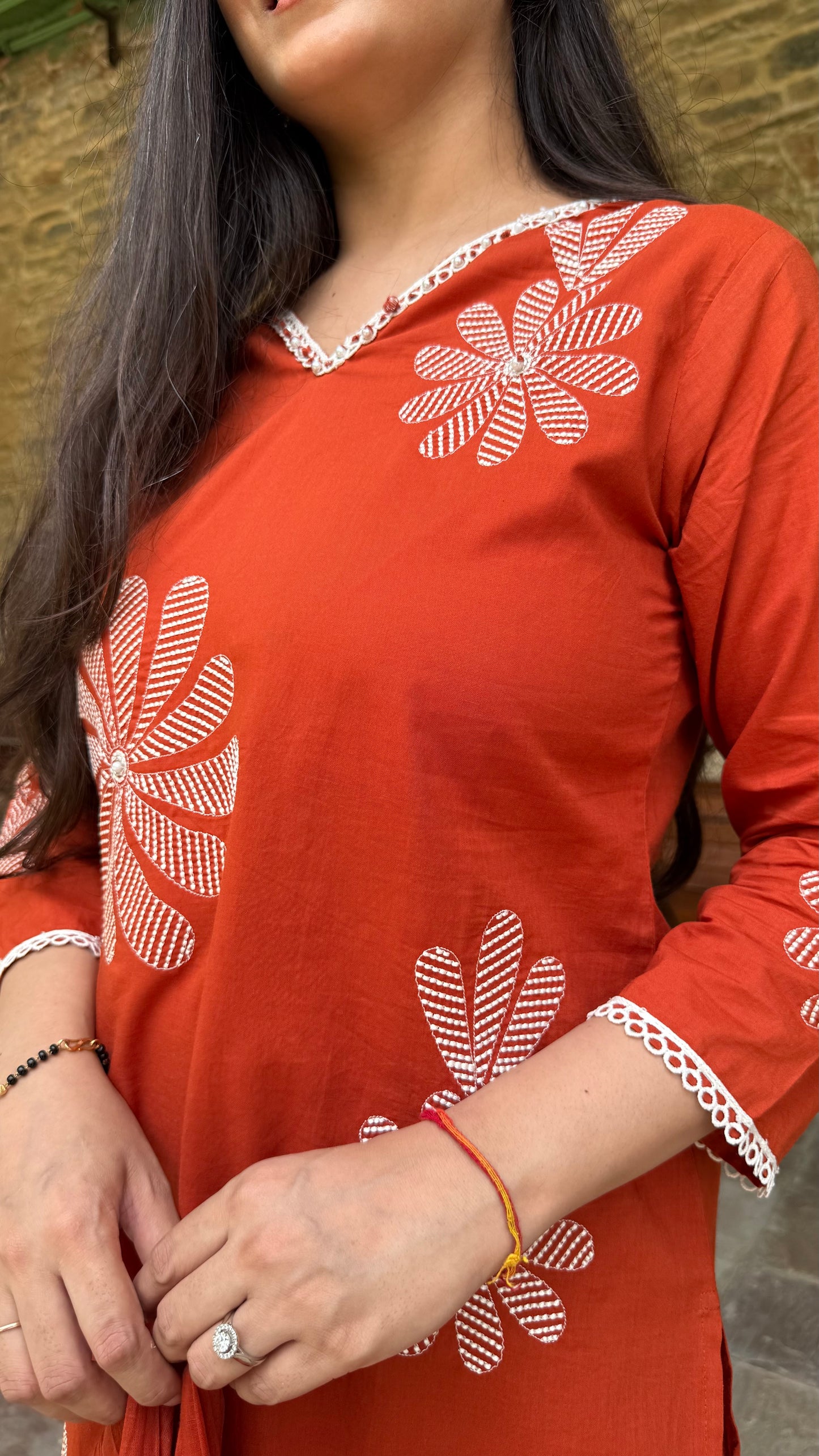 Orange Floral Embroidered Suit Set