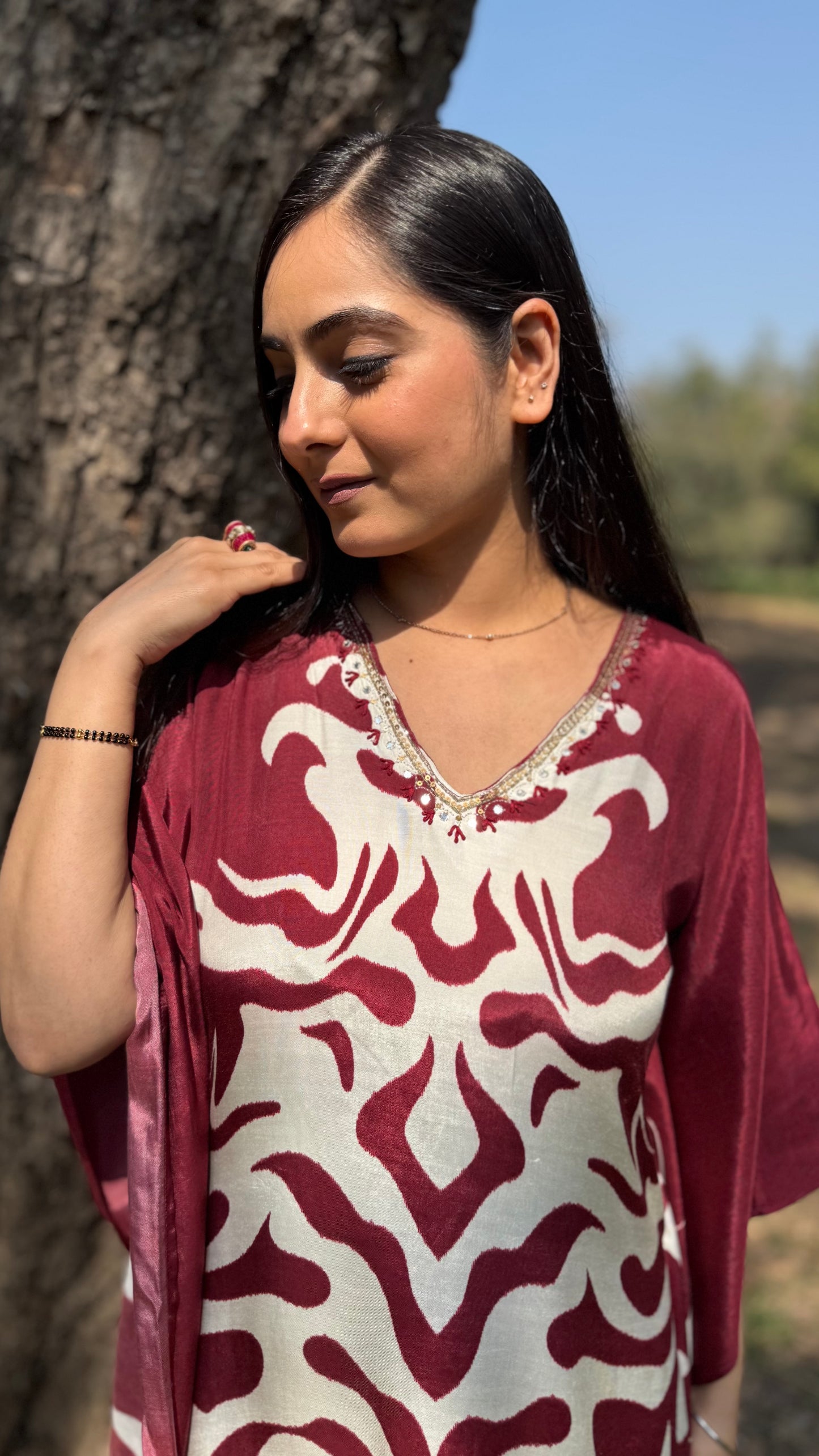 Rehmat Maroon Muslin Kaftan Set