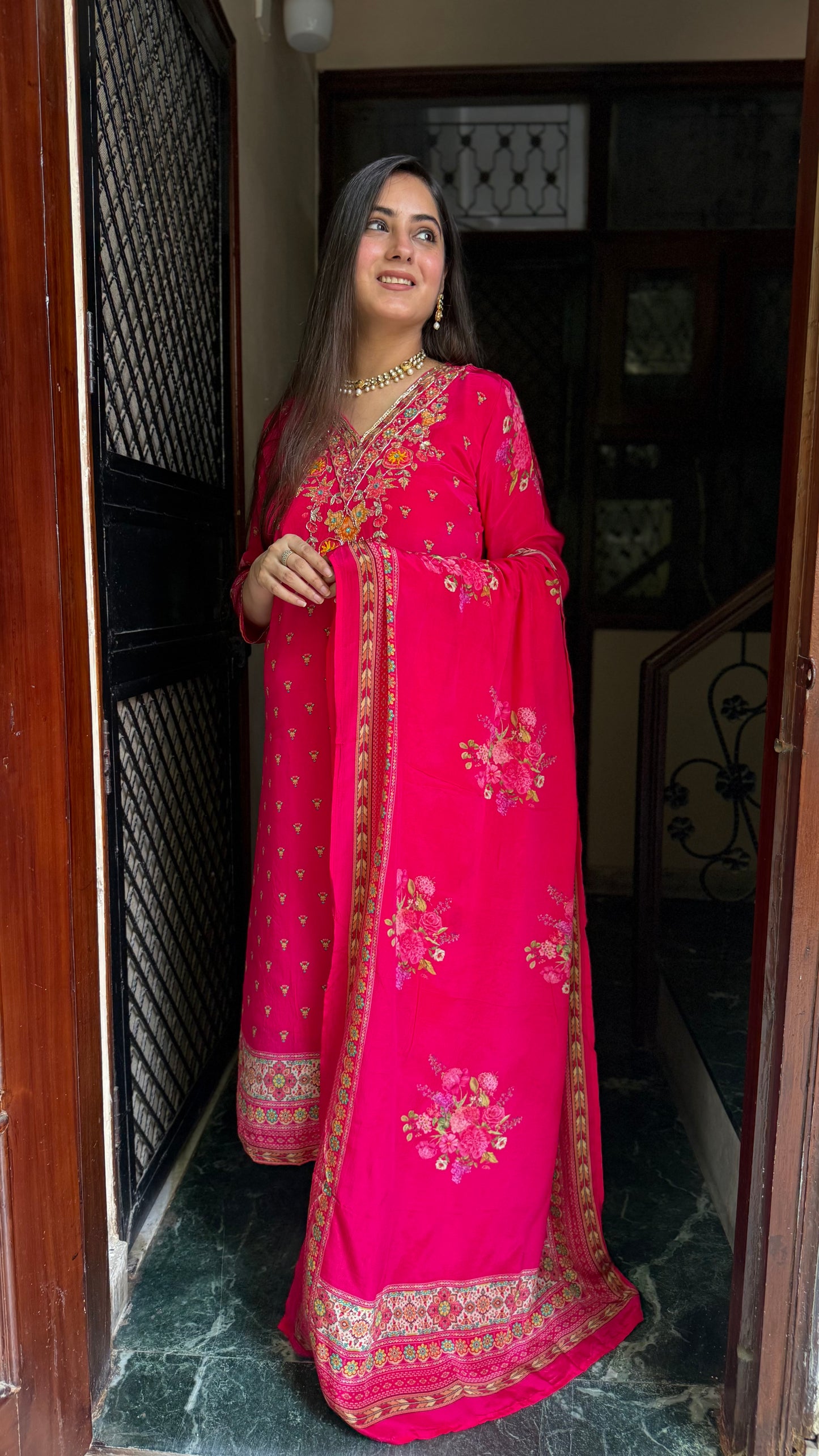 Rani Pink Crepe Embroidered Suit