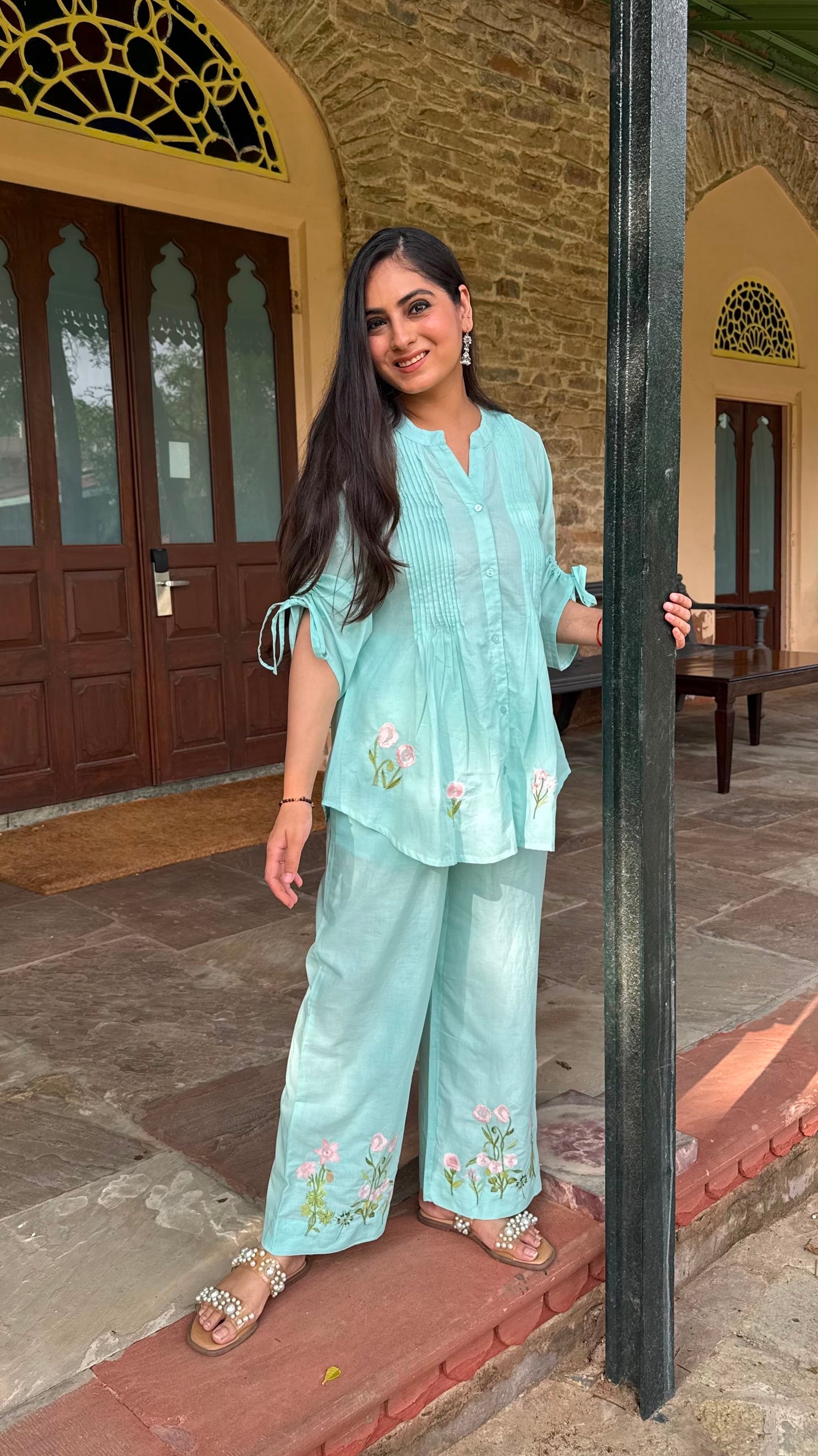 Mint Pintuck Embroidered Co-ord Set