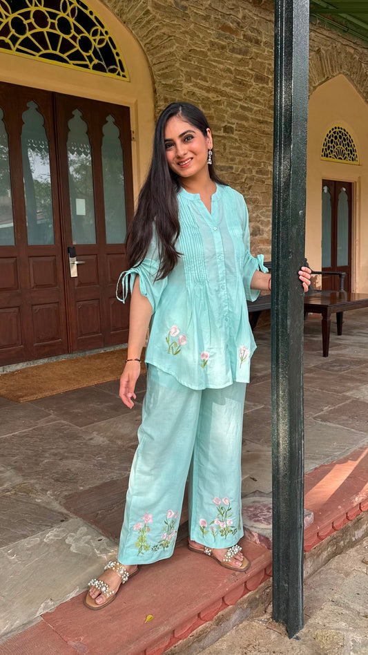 Mint Pintuck Embroidered Co-ord Set