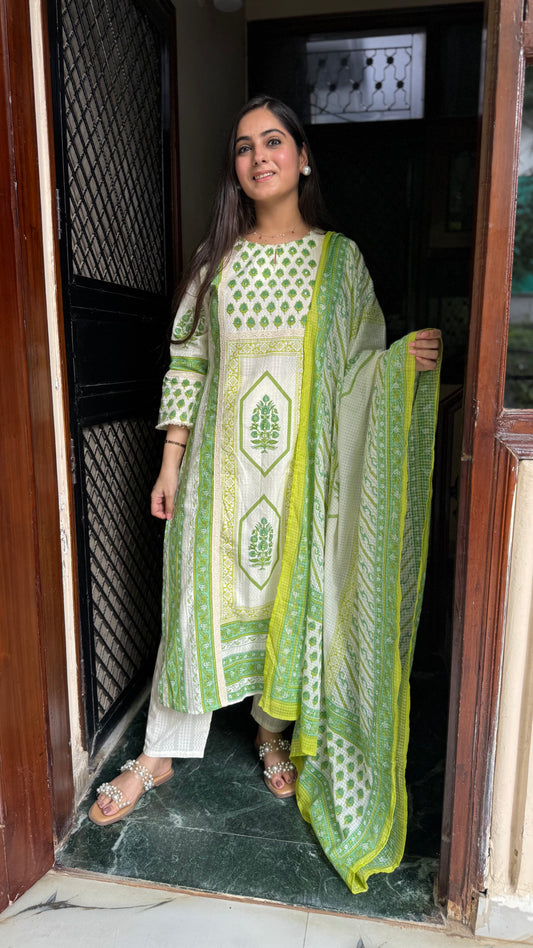Meena Cream Green Cotton Suit