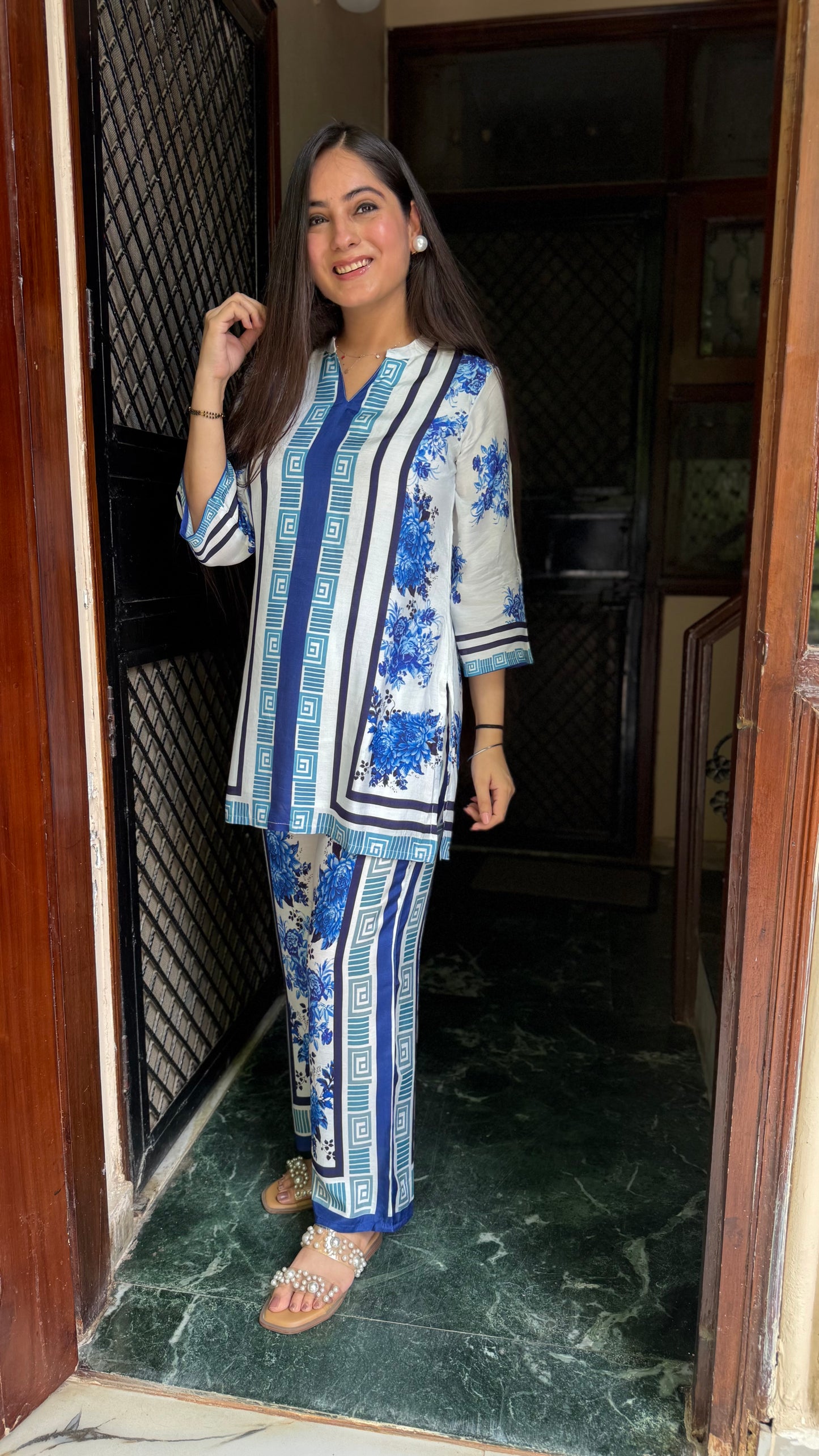 Shivani White Blue Muslin Coord Set