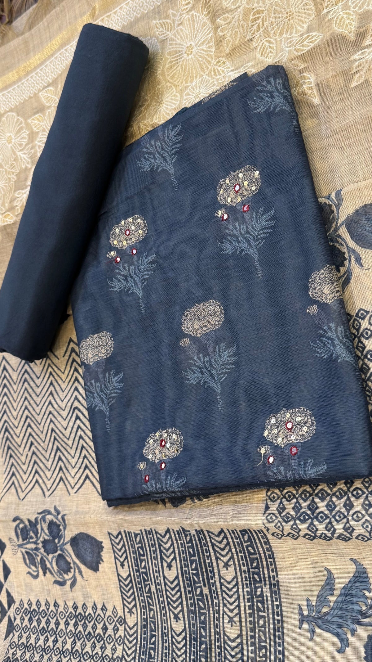 Anika Marigold Motif Unstitched Suit