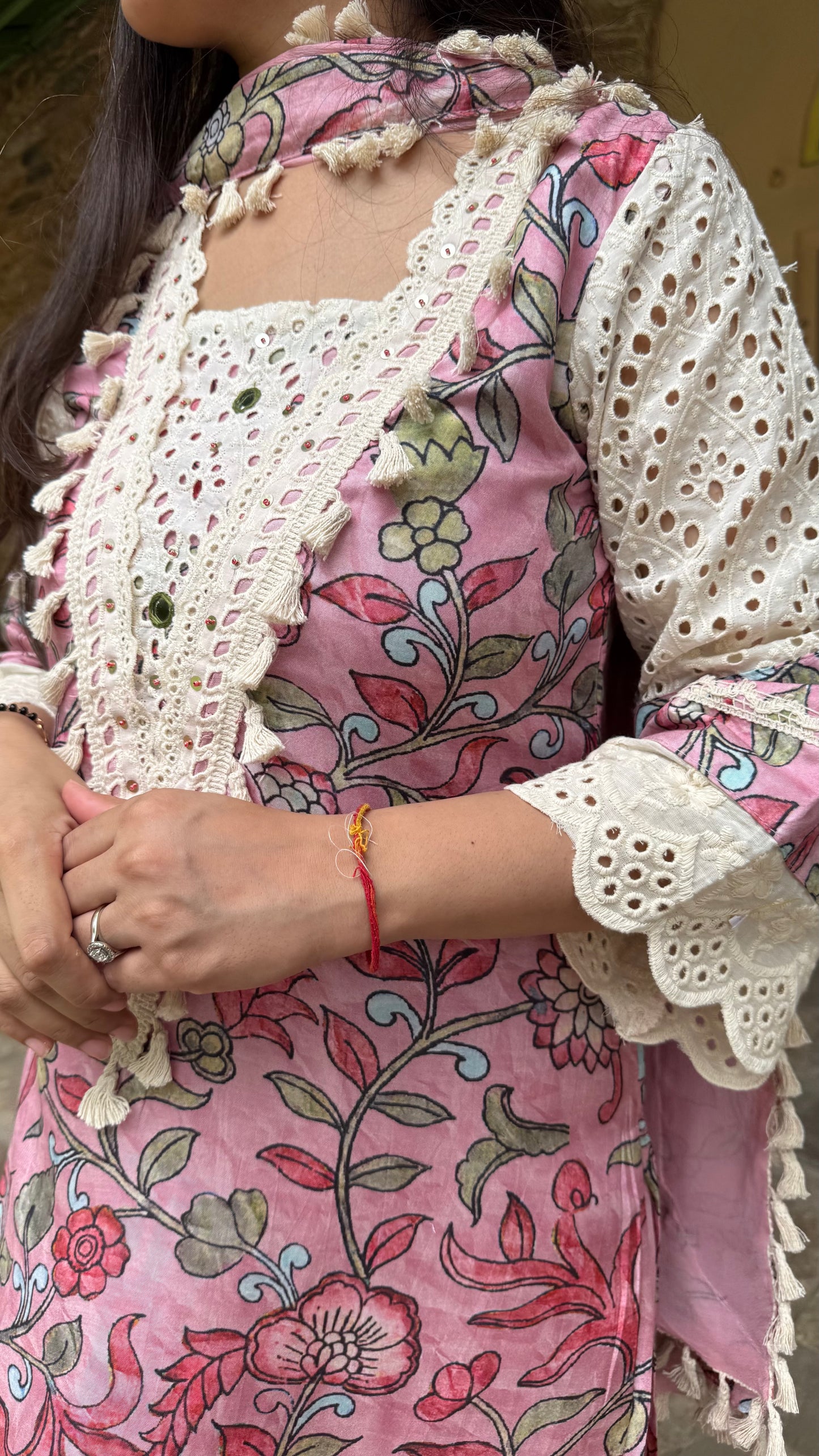 Pink Kalamkari Lace Suit Set