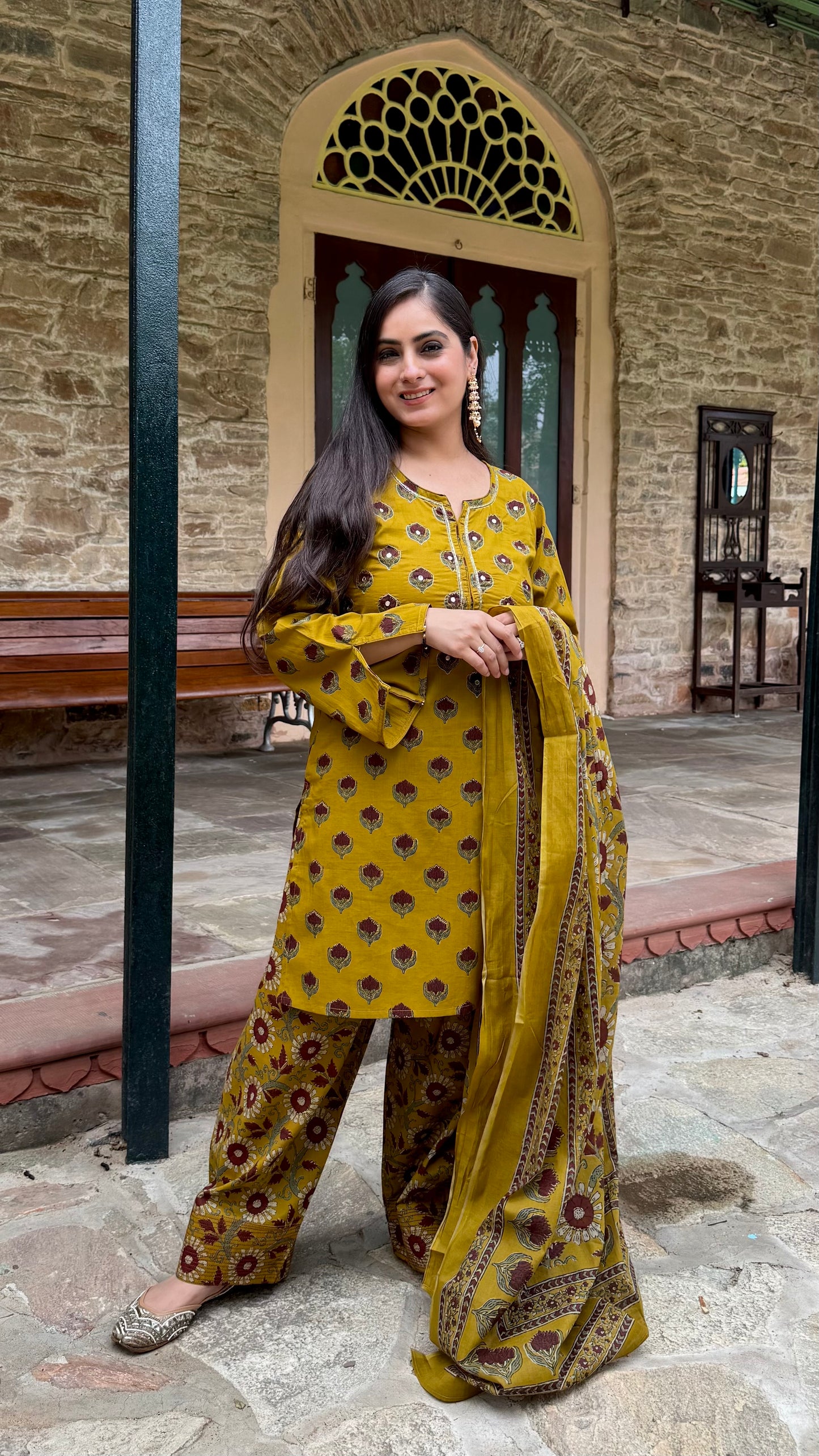 Earthy Mustard Floral Farshi Suit