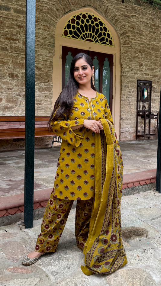 Earthy Mustard Floral Farshi Suit
