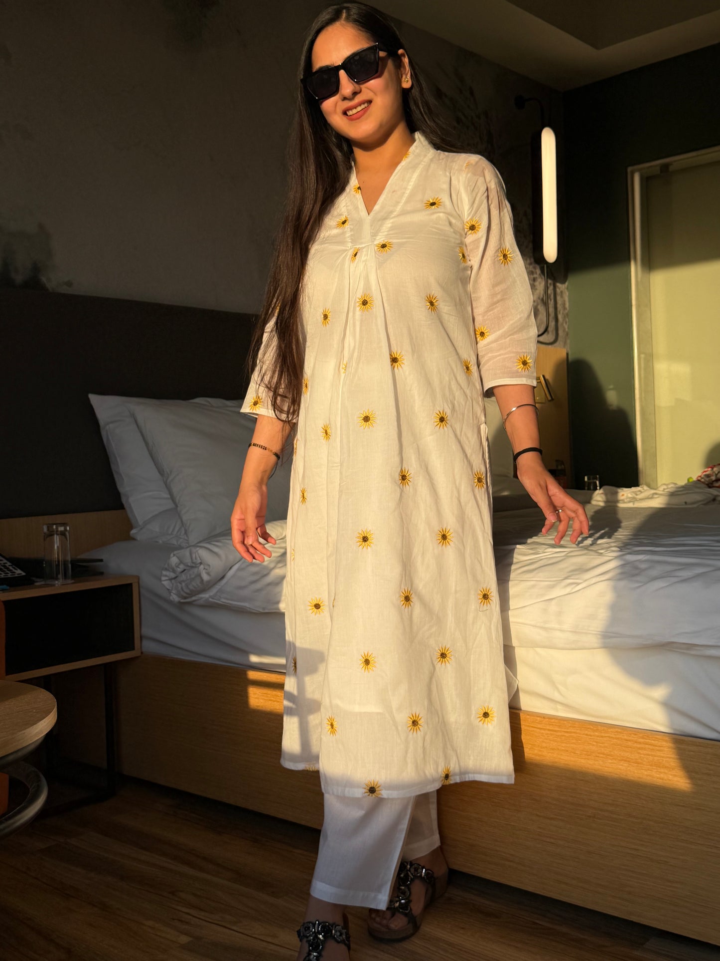 Sunflower White Mul Coord Set