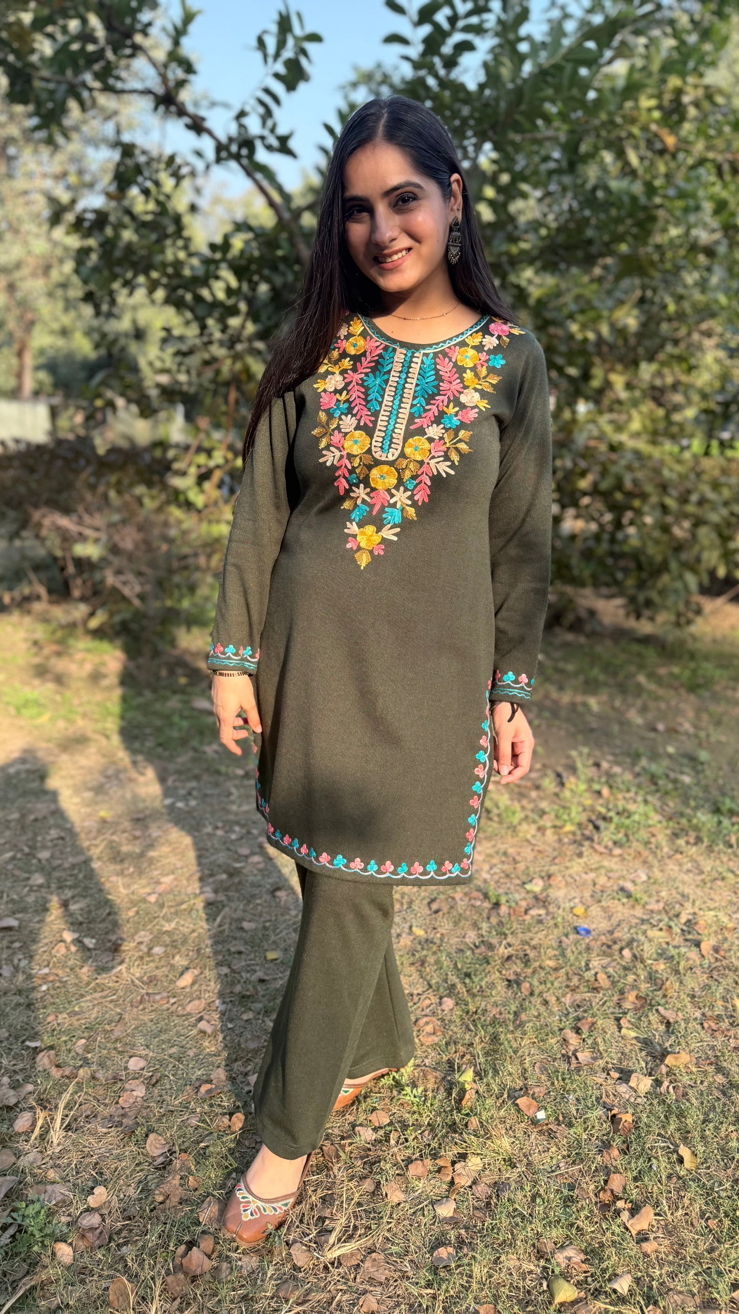 Komal Olive Green Embroidered Coord Set