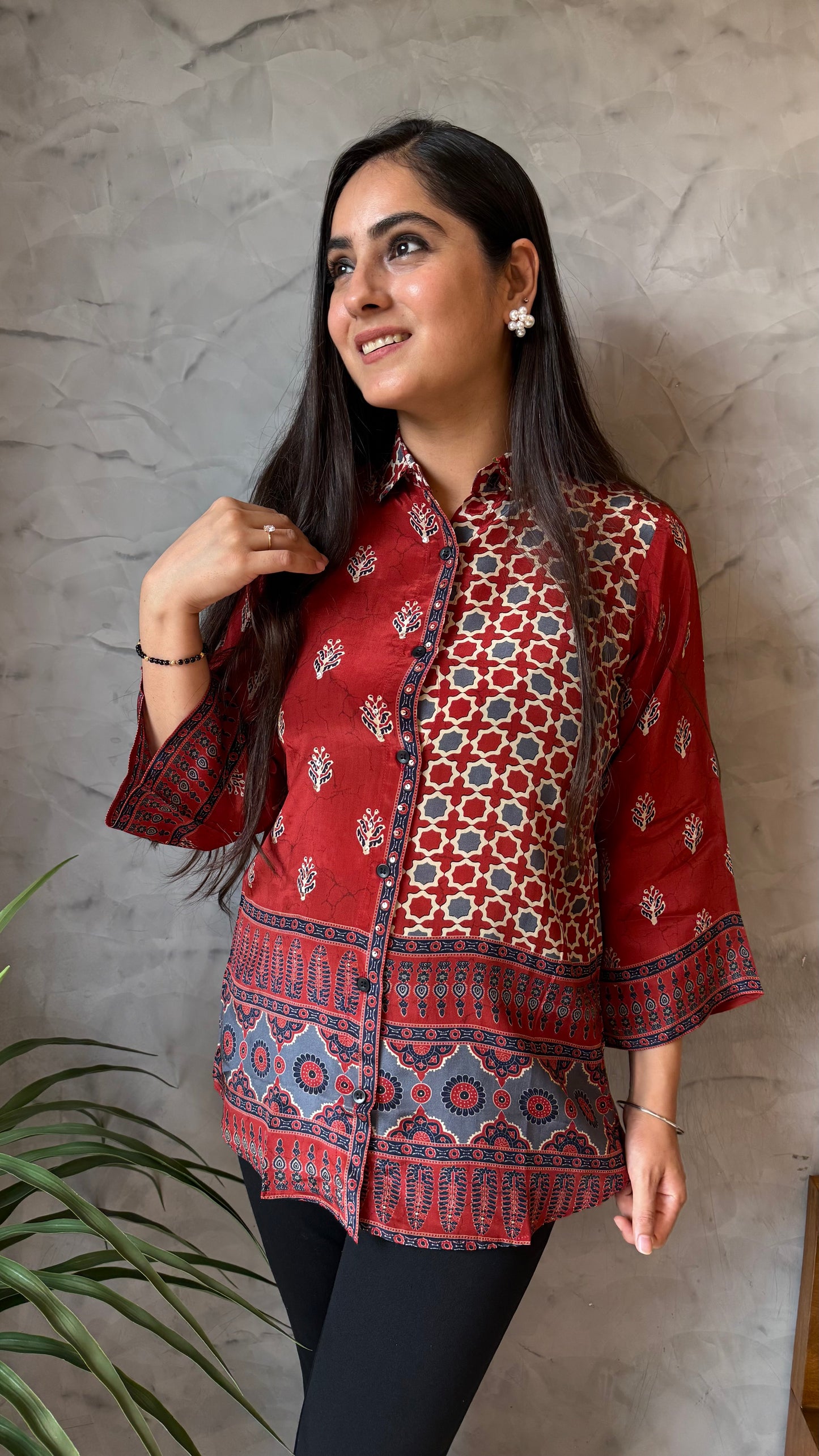 Rustic Maroon Button-Down Top