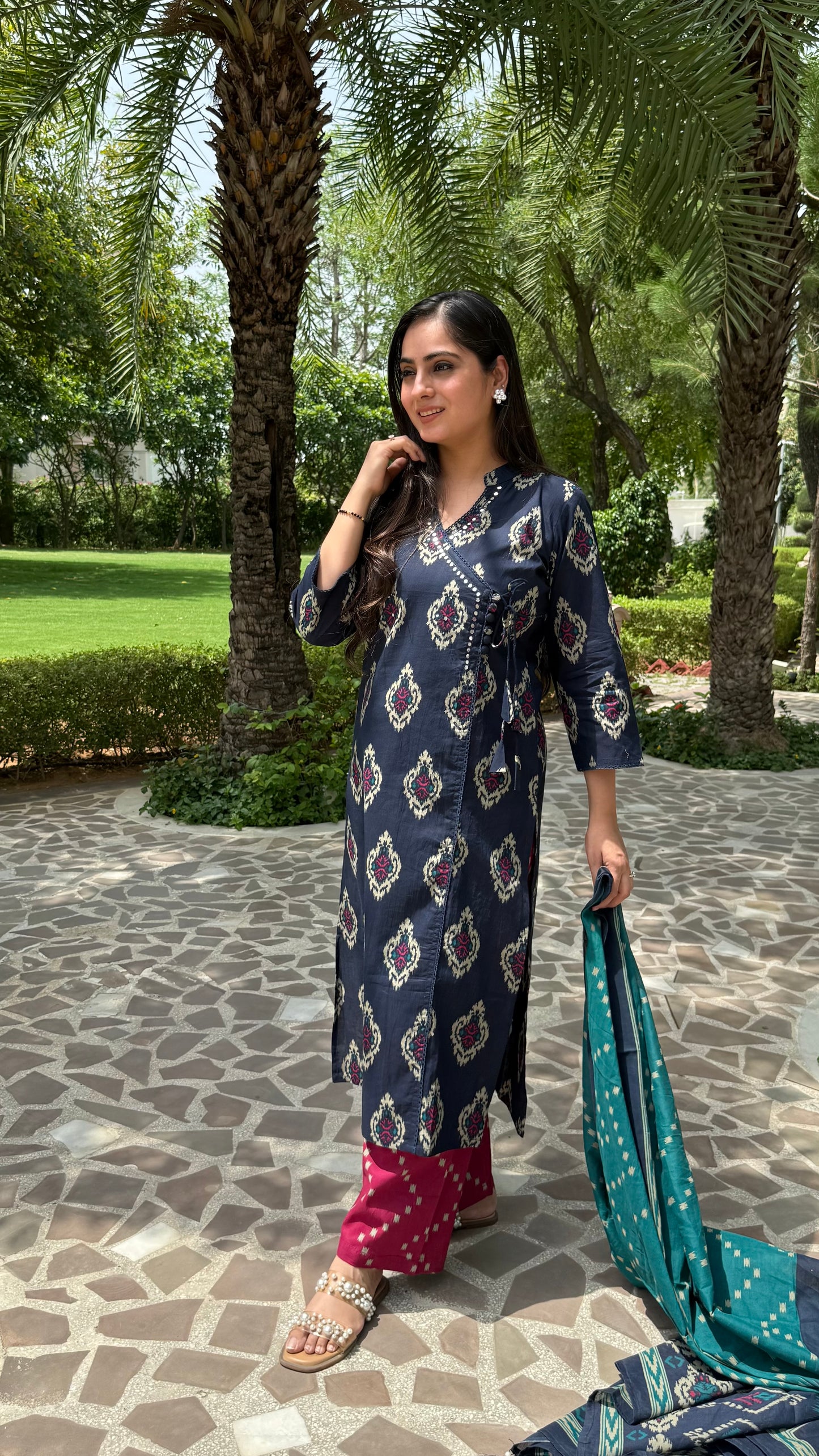 Ikkat Blue Wrap-Style Suit Set
