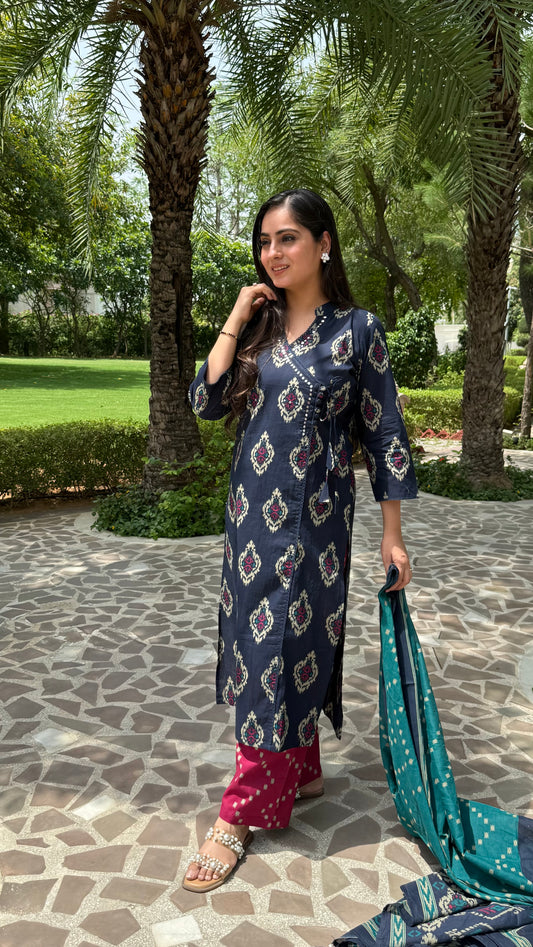 Ikkat Blue Wrap-Style Suit Set