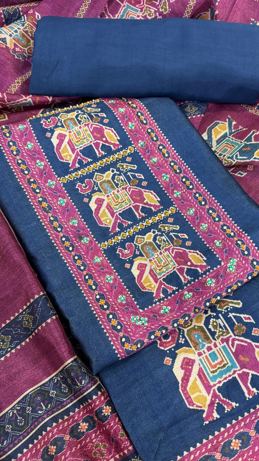Anika Navy Motif Unstitched Suit