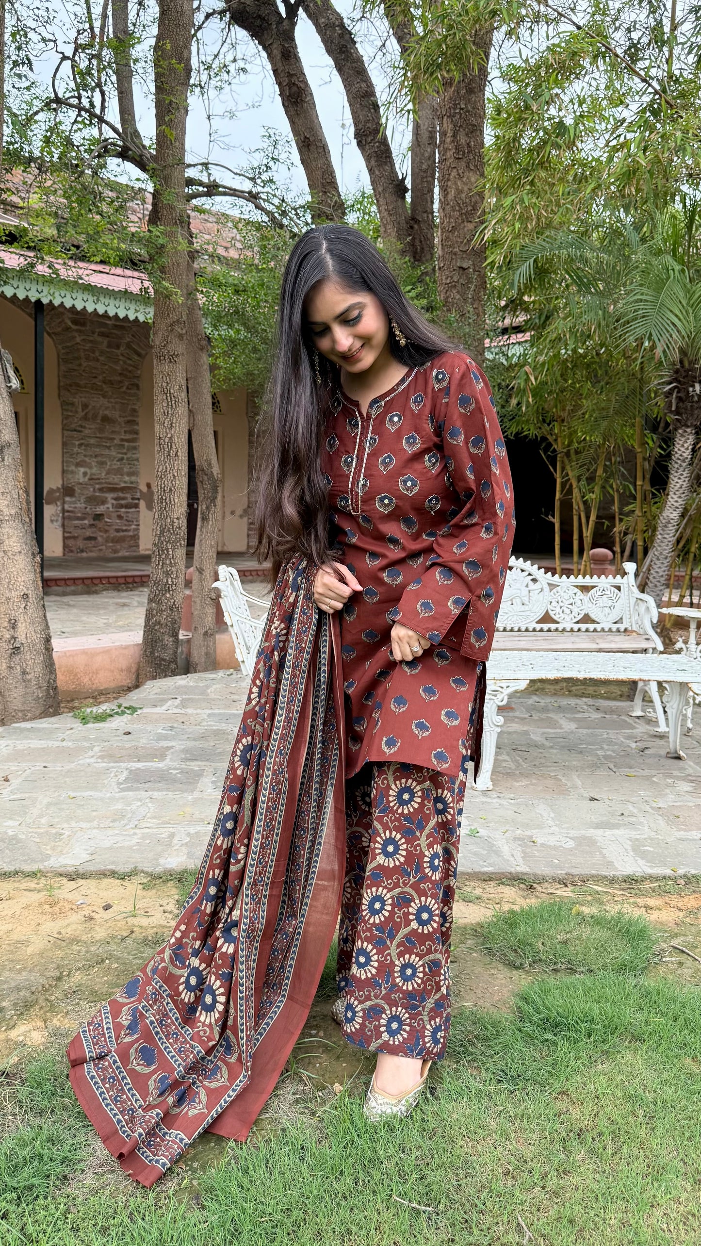 Earthy Rust Floral Farshi Suit