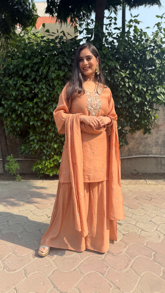 Avika Brown Embroidered Sharara Set