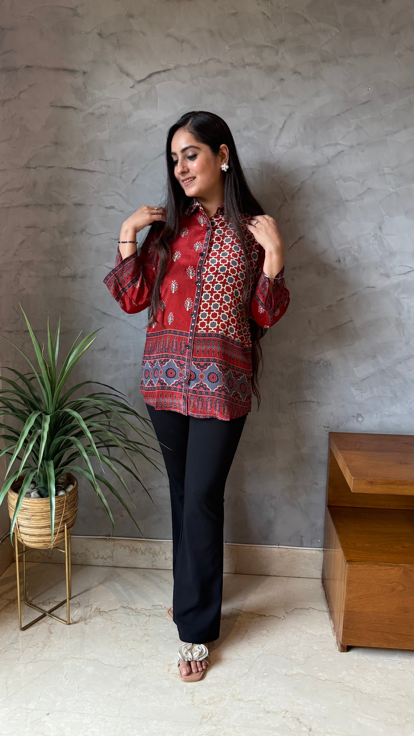 Rustic Maroon Button-Down Top